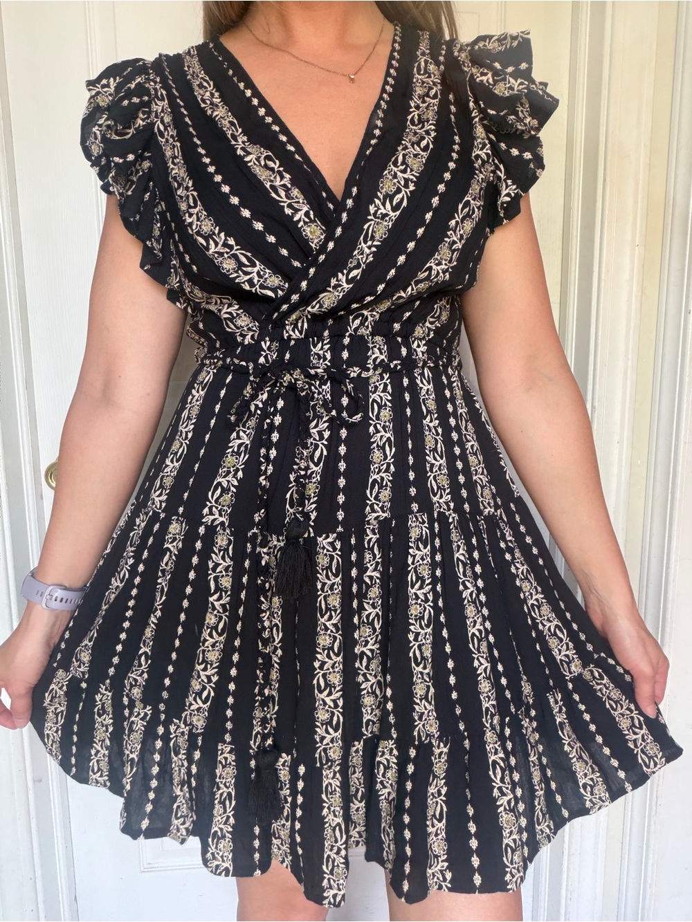 Angie Black and Cream Floral Stripe Mini Dress [Small]